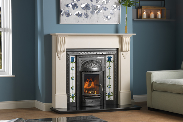 aston antique + tulip tiles + victorian corbel limestone mantelpiece